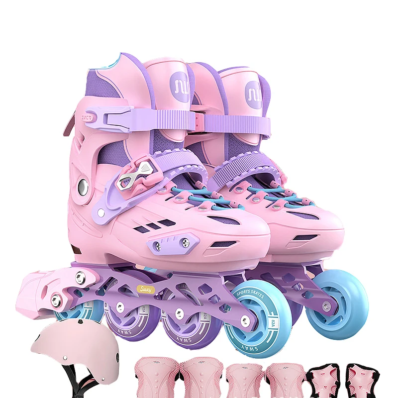 Set Inline Roller Skates With Knee Elbow Pads Helmet Protective Gear For Kids Boys Girls Beginner Sneakers 4 Wheels Skates Gift smile