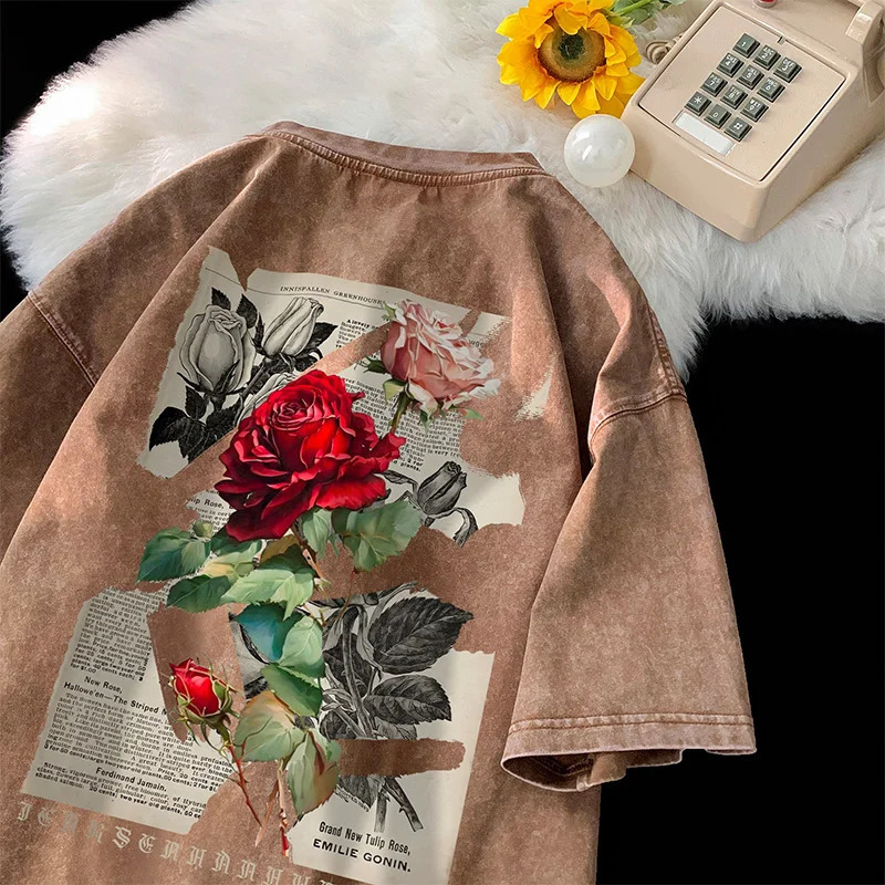 Gothic Washed Tshirts Rose Printed Streetwear Men Tshirt Oneck Oversized Korean Short Sleeve Tops Harajuku Casual Male Tee 240517