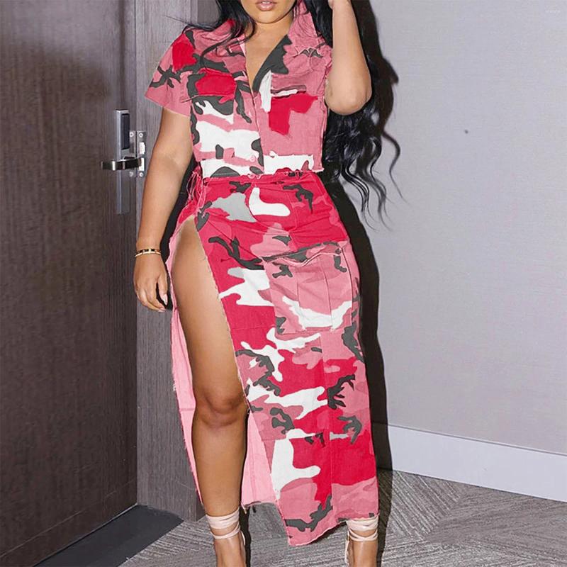Work Dresses Two Piece Set Camouflage Skirt Sets Short Sleeve Shirts Crop Top Hight Waist Split Skirts Suit Streetwear Summer Outfits