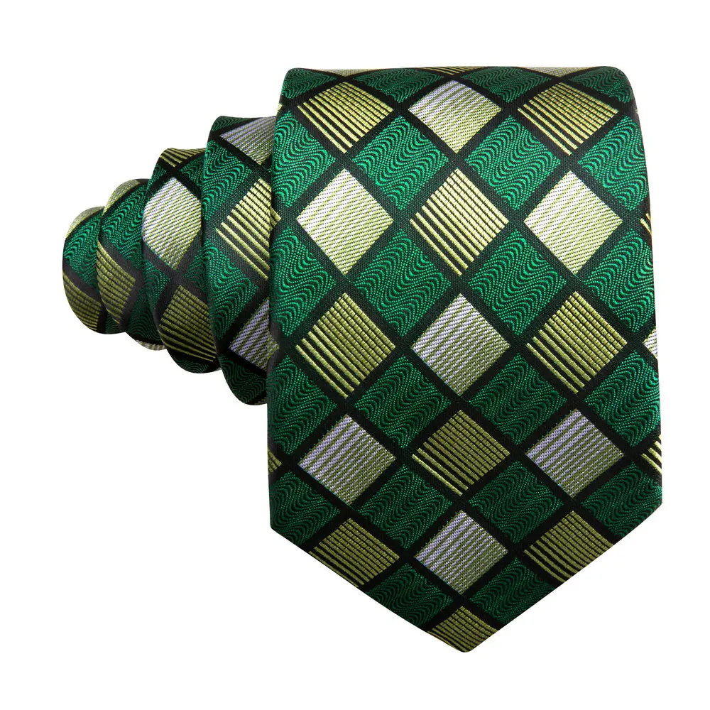 Men's Tie Brown Green With Pocket Square Cufflink Set New Plaid Silk Suit Necktie For Male Formal Designer Party Barry.Wang 6645 smile