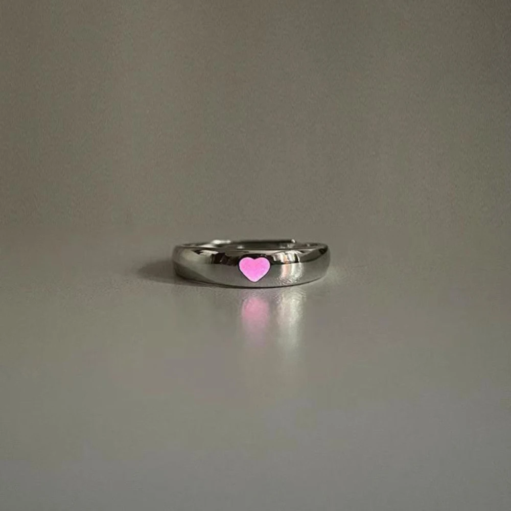 Couples Blue Ring Luminous Pink Light Love Heart Ring Women Men Adjustable Glow In Dark Finger Rings Fluorescent Couple Ring smile