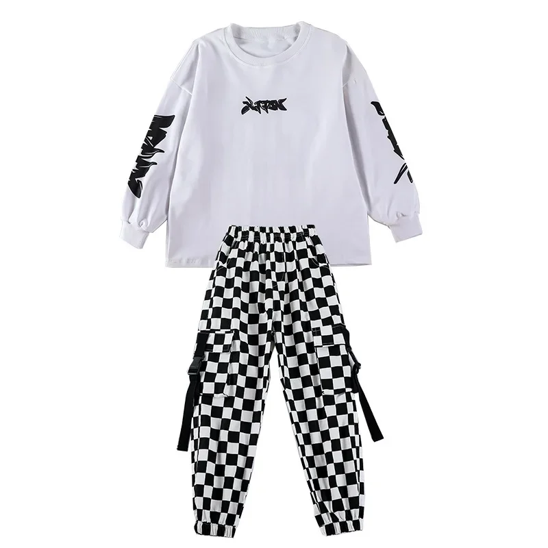 Hop Boys High Hip Collar Vest Sweatshirt Plaid Joggers Outfits Girls Cargo Pants Clothes Sets ddmysmile Child Jazz Costume Kids Streetwear Smile