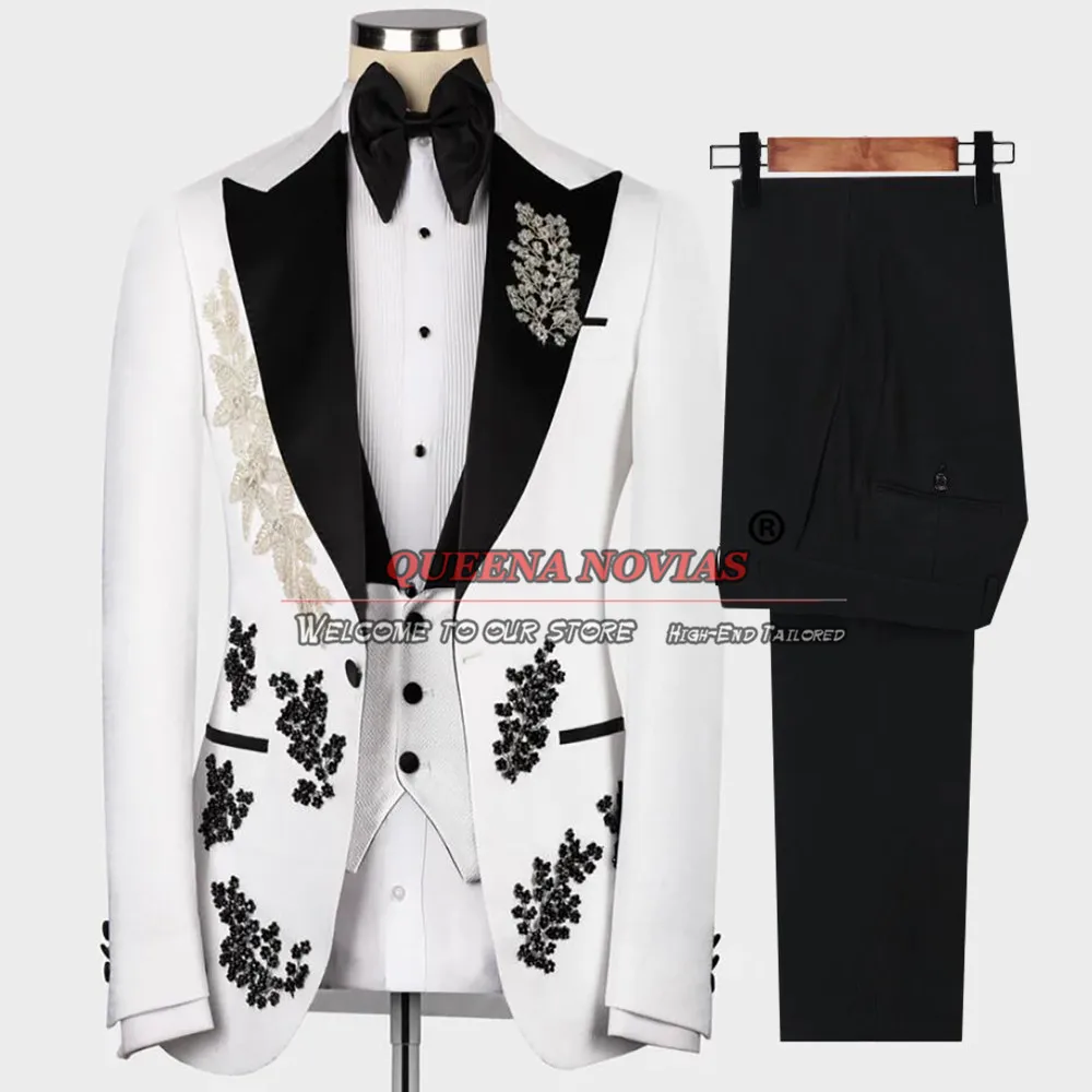For Wedding Men Suits Crystals Beading ddmysmile White Jacket Vest Pants Black Trousers 3 Pieces Formal Groom Tuxedo Tailor-Made Smile