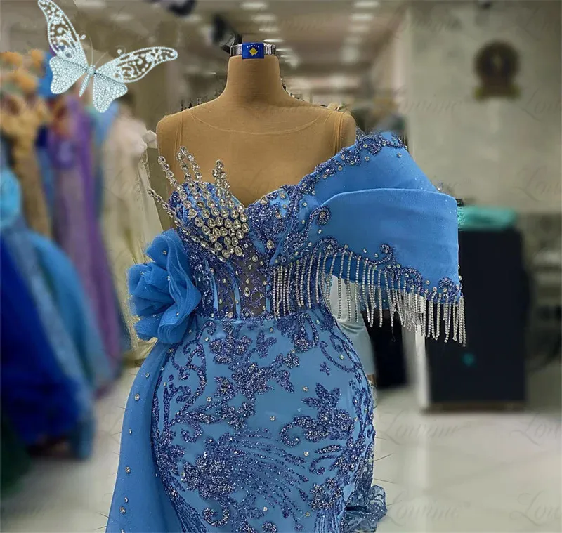 Long Blue Party Dress With Side Train Mermaid Tassel Beaded Crystals Elegant Evening Gowns Arabic Celebrity Prom Dresses Bc