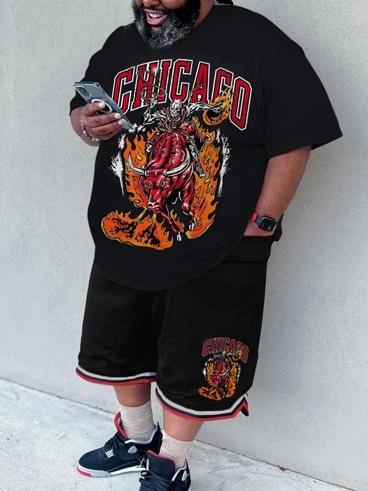 ZOOY L-9XL Mens Plus Size Fashion Cartoon Abstract Graffiti Graphic Casual Short Sleeve Shorts Set 240524