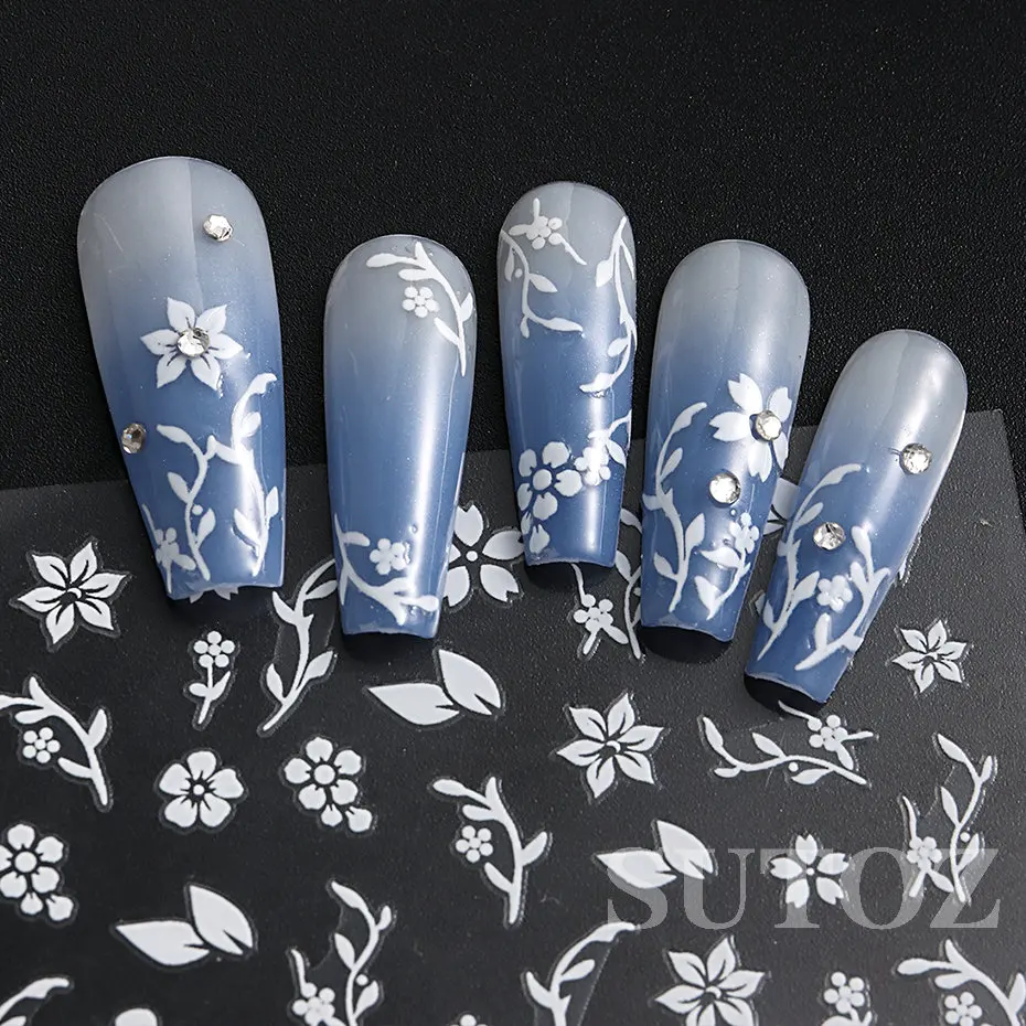 Flowers Nails Stickers Sakura Rose Gold White Cherry Blossom Foliage Gorgeous Florals Manicure 3D Nail Charming Ornament BTF-S29 smile