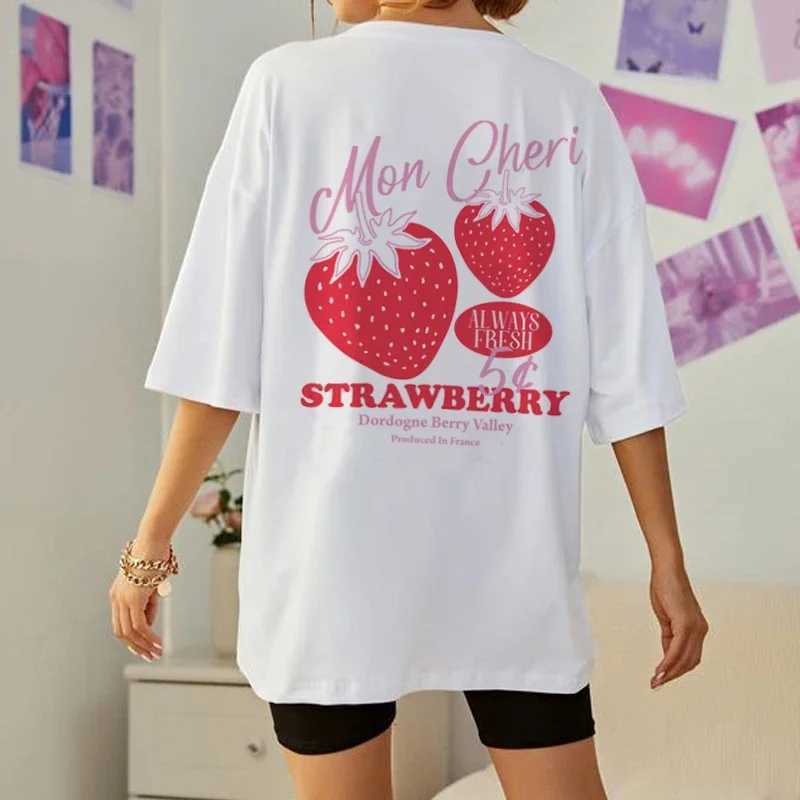 Womens TShirt Cute loose strawberry back printed Tshirt for women Y2k aesthetic street clothing graphic Tshirt fruit Tshirt for women Cottagecore clot