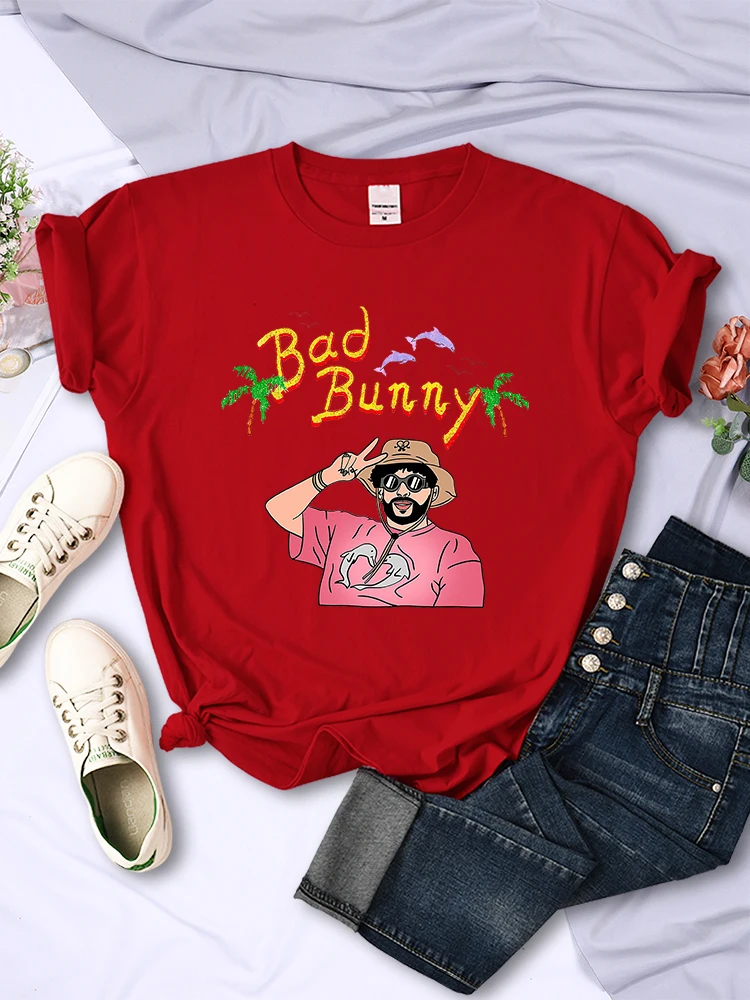 Bad Bunny Coconut Beach Holiday Style Design Women T-Shirt Summer Fashion Short Sleeve Casual Multicolor Top Personalized Versat smile