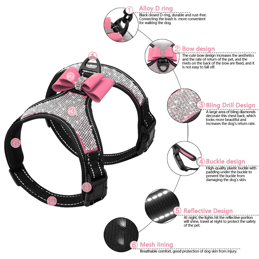 Pet Dog Harness Reflective Nylon Pitbull Pug Small & Medium Harnesses Vest Bling Rhinestone Dog Bowknot Supplies