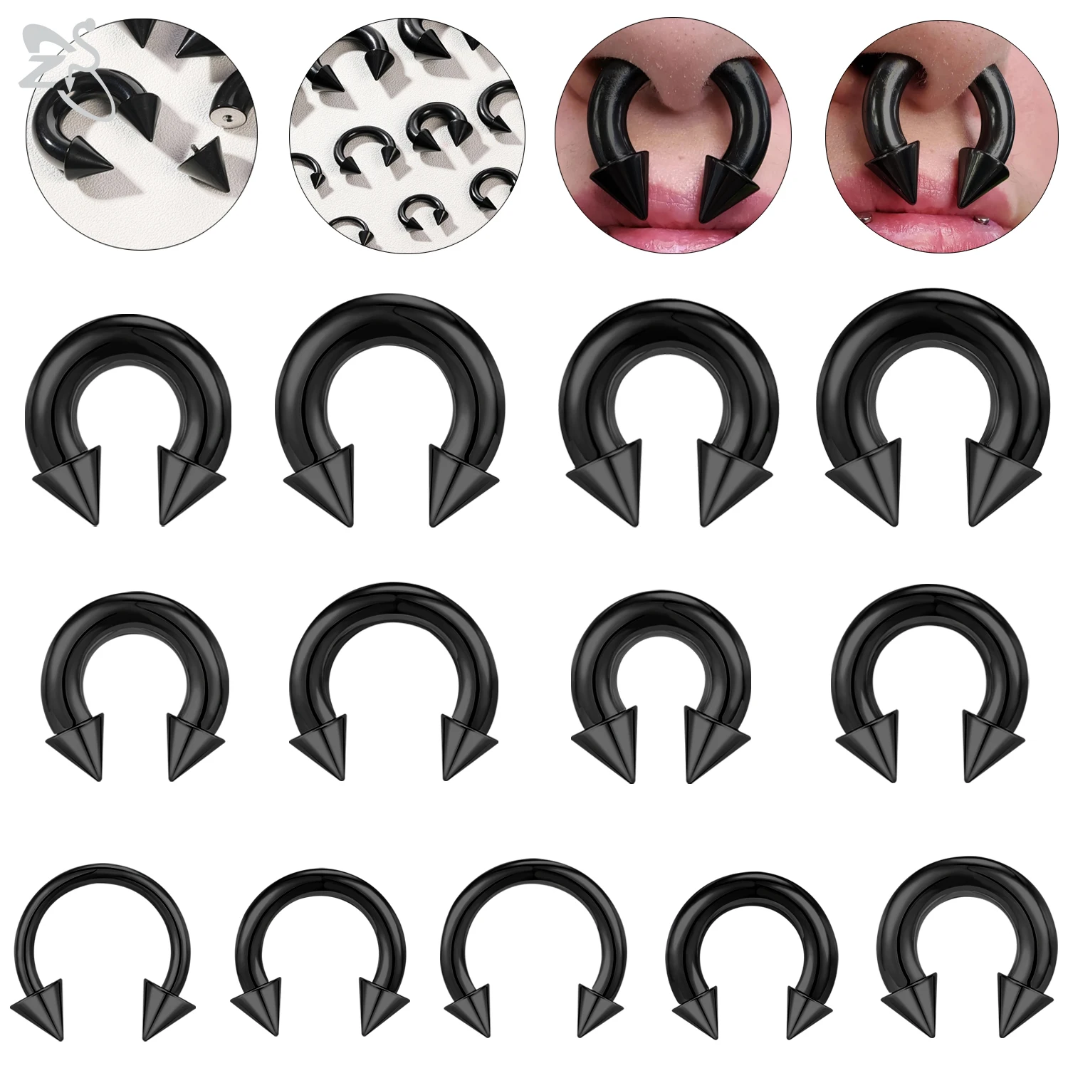ZS 1PC Black Color Spike Horseshoe Nose Ring Stainelss Steel Cone Large Gauge Piercing Barbell Septum Nose Ear Expander 2/4/6/8G