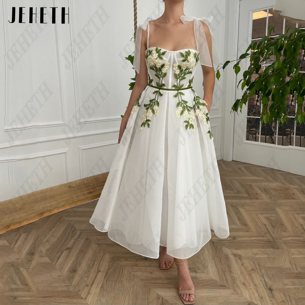 JEHETH Sweetheart Flowers Prom Dress Spaghetti Straps A-Line Vestido De Noiva new Tulle Lace Backless Ankle-Length 2025 Party Gowns