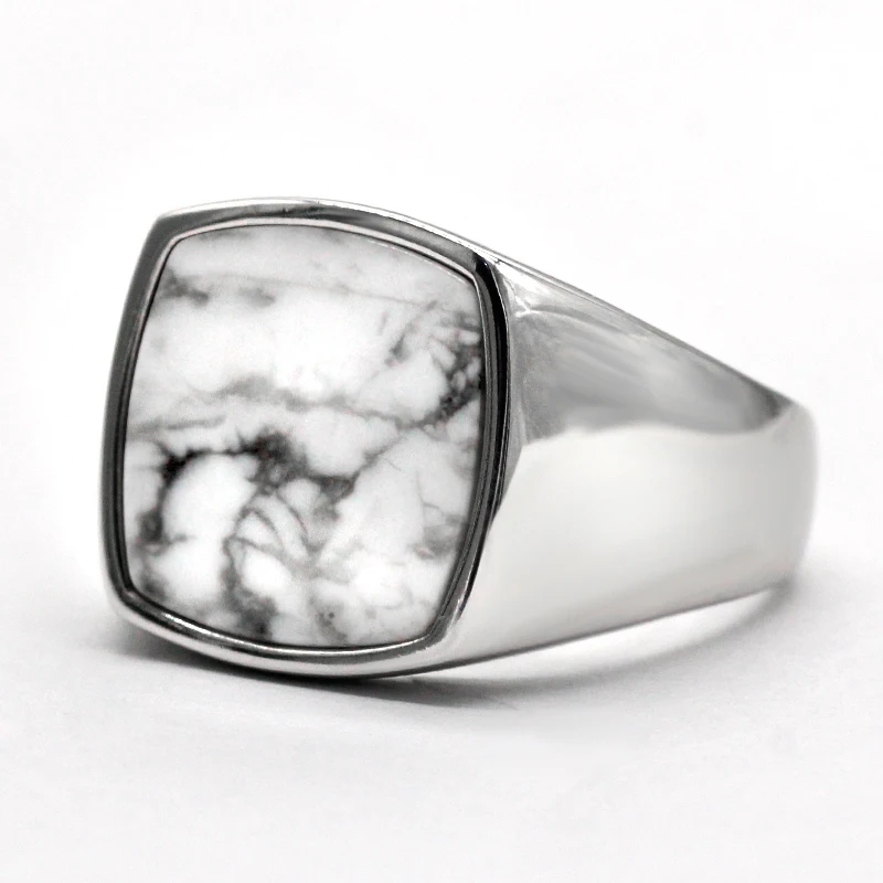 Ring Men's New Smooth Sterling Sier Natural White Turquoise Square Boulder Ring Simple Classic Seal Jewelry Women Gift smile