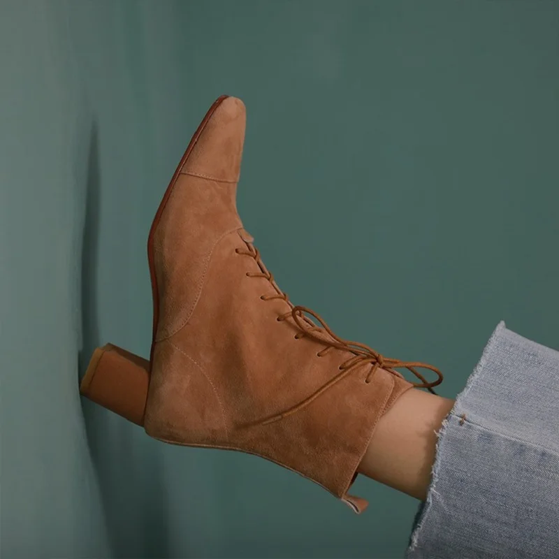 Modern Women's Ankle Boots Winter Shoes Thick Heel Woman Boots Simple Style Women Shoes On Heel Kid Suede French Retro Shoes