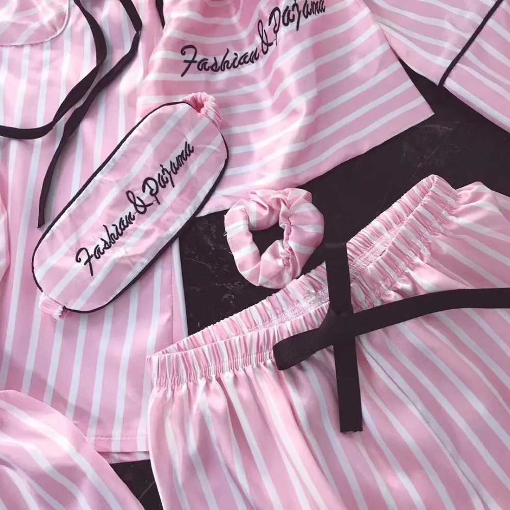Women's Sleepwear JRMISSLI women 7 pieces pamas sets satin silk Sexy lingerie home wear slpwear pyjamas set pijama woman T240523