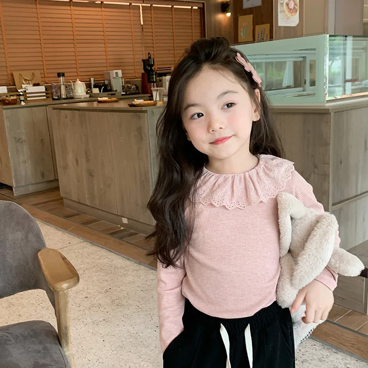Jonmi 2023 Autumn Deer New Korean Style Baby Girls Lace ddmysmile Collar T-Shirts Long Sleeve Sweet Tops Children Casual Tees Smile