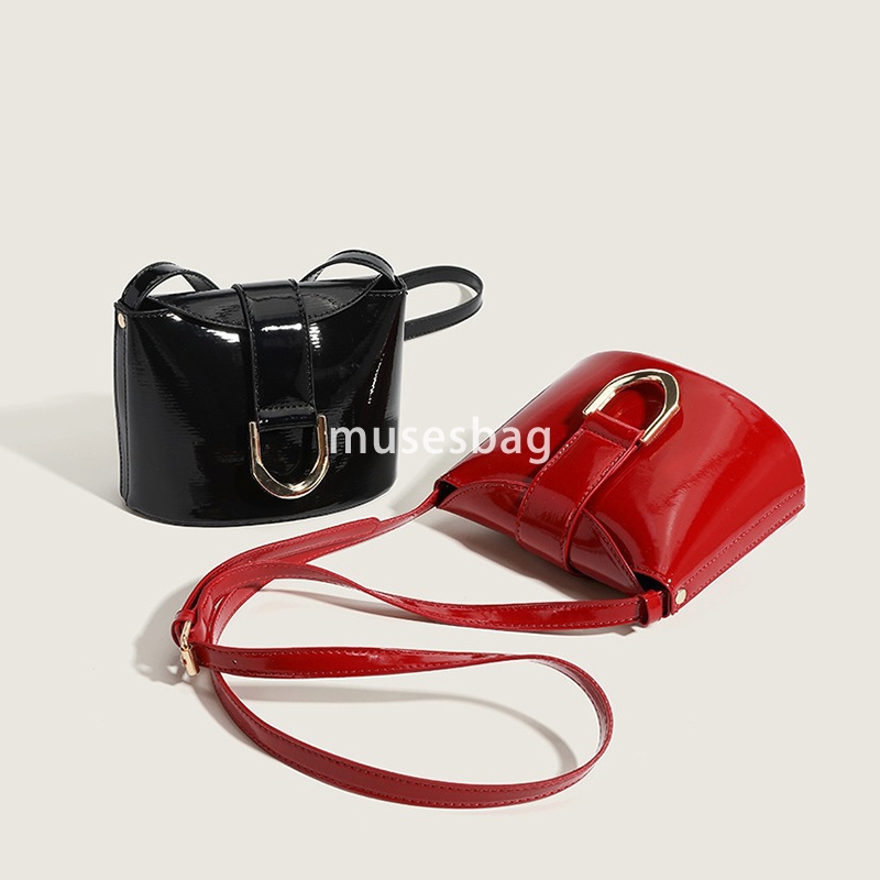 Designer bag niche bucket bag retro French patent leather one shoulder crossbody saddle bag women's wallet mini bag