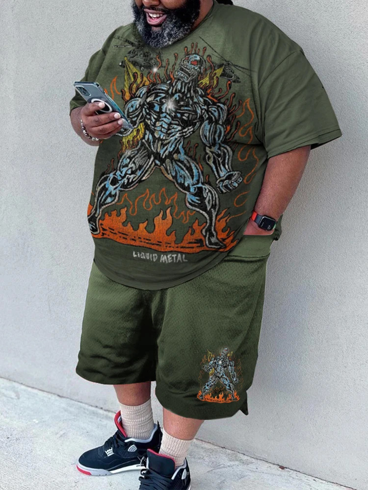 ZOOY L-9XL Mens Plus Size Fashion Cartoon Abstract Graffiti Graphic Casual Short Sleeve Shorts Set 240524