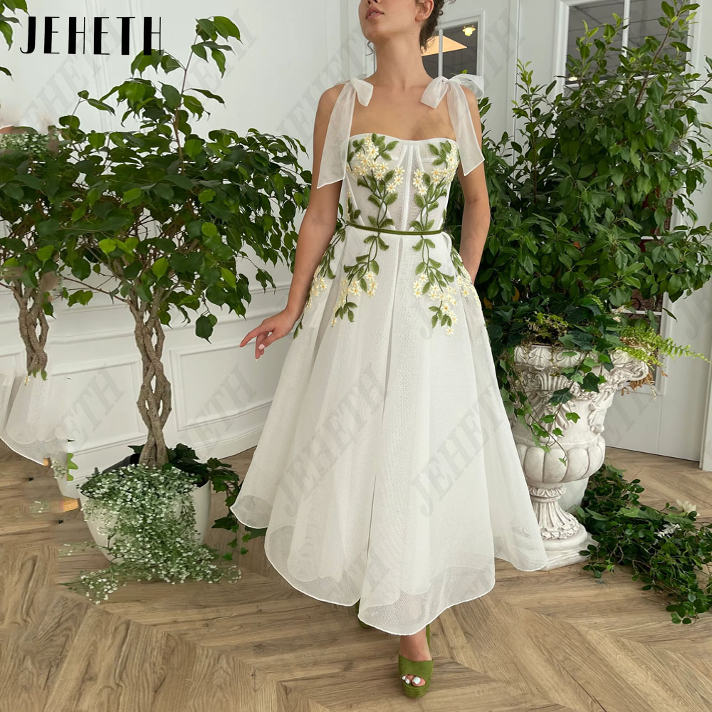 JEHETH Sweetheart Flowers Prom Dress Spaghetti Straps A-Line Vestido De Noiva new Tulle Lace Backless Ankle-Length 2025 Party Gowns