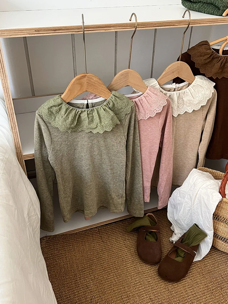 Jonmi 2023 Autumn Deer New Korean Style Baby Girls Lace ddmysmile Collar T-Shirts Long Sleeve Sweet Tops Children Casual Tees Smile