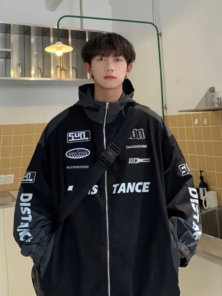 Street Autumn High Men Loose Letter Embroidery Baseball Bomber Outerwear Casual Coat Unisex Y2k Racer Hooded Jackets smile