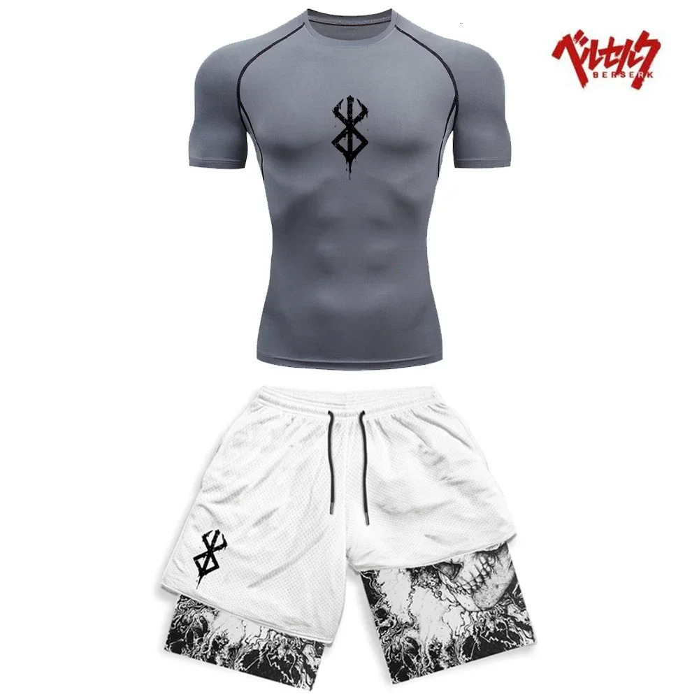 Compression sportswear fitness set mens quick drying compression shirtgym shorts 2PCS for running exercise 240521