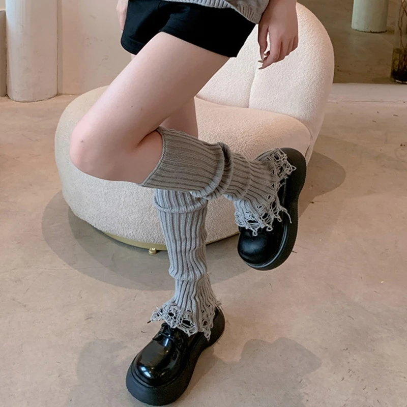 Y2k Haruku Ribbed ddmysmile Women Knitted Leg Warmer Solid Color Gothic Punk Tassels Frayed Hem Distressed Leg Covers Long Socks Smile