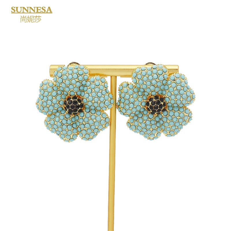 Rhinestone Dubai SUNNESA Jewelry Set for Women Green Flower Pendant Necklace African Clip Earrings Bracelet Rings Sets smile