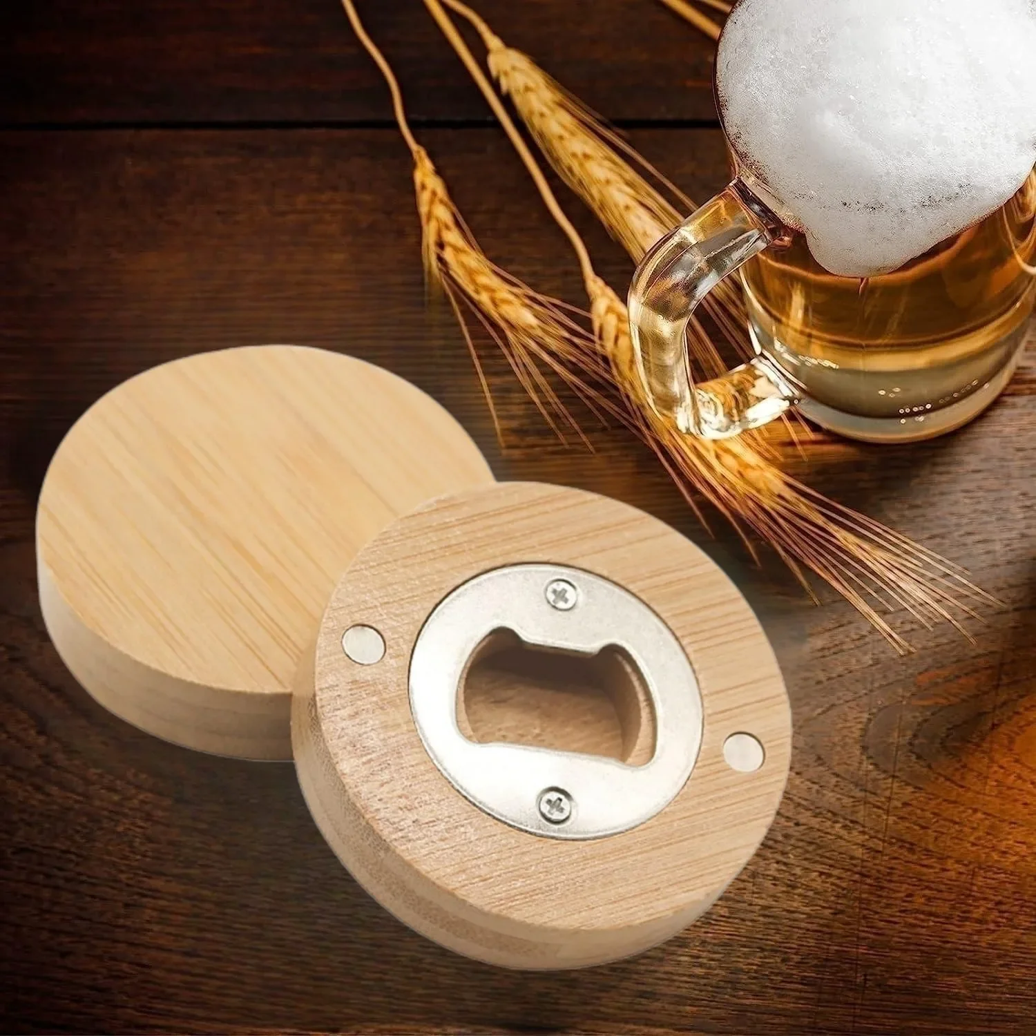 Beer Opener 40Pcs Bottle Bamboo Round Bottle Opener Coaster Fridge Magnet ddmysmile For Kitchen Party Bar Wedding Decor Gift Smile