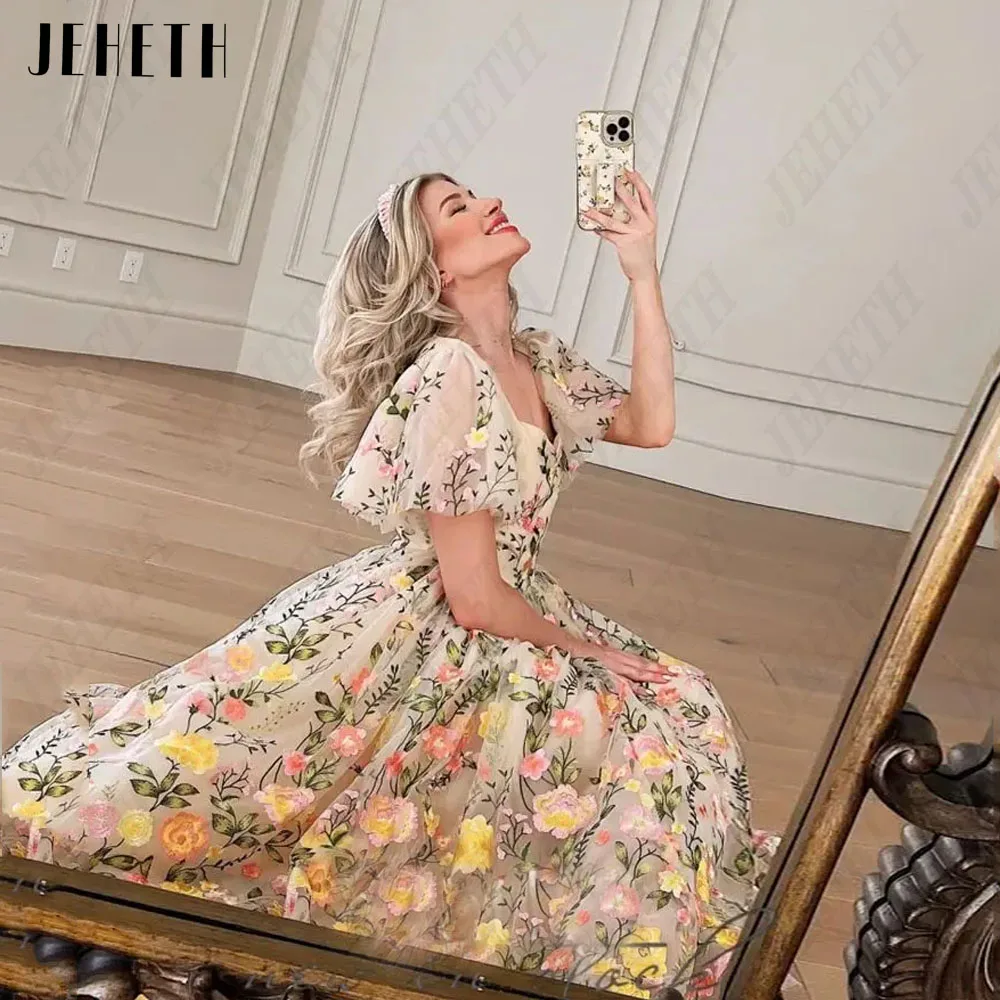 JEHETH Floral A-Line Lace Prom Dresses Embroidery V-Neck Short Sleeves Tulle Tea-Length 2025 new Vestidos De Gala Formal Party Gowns