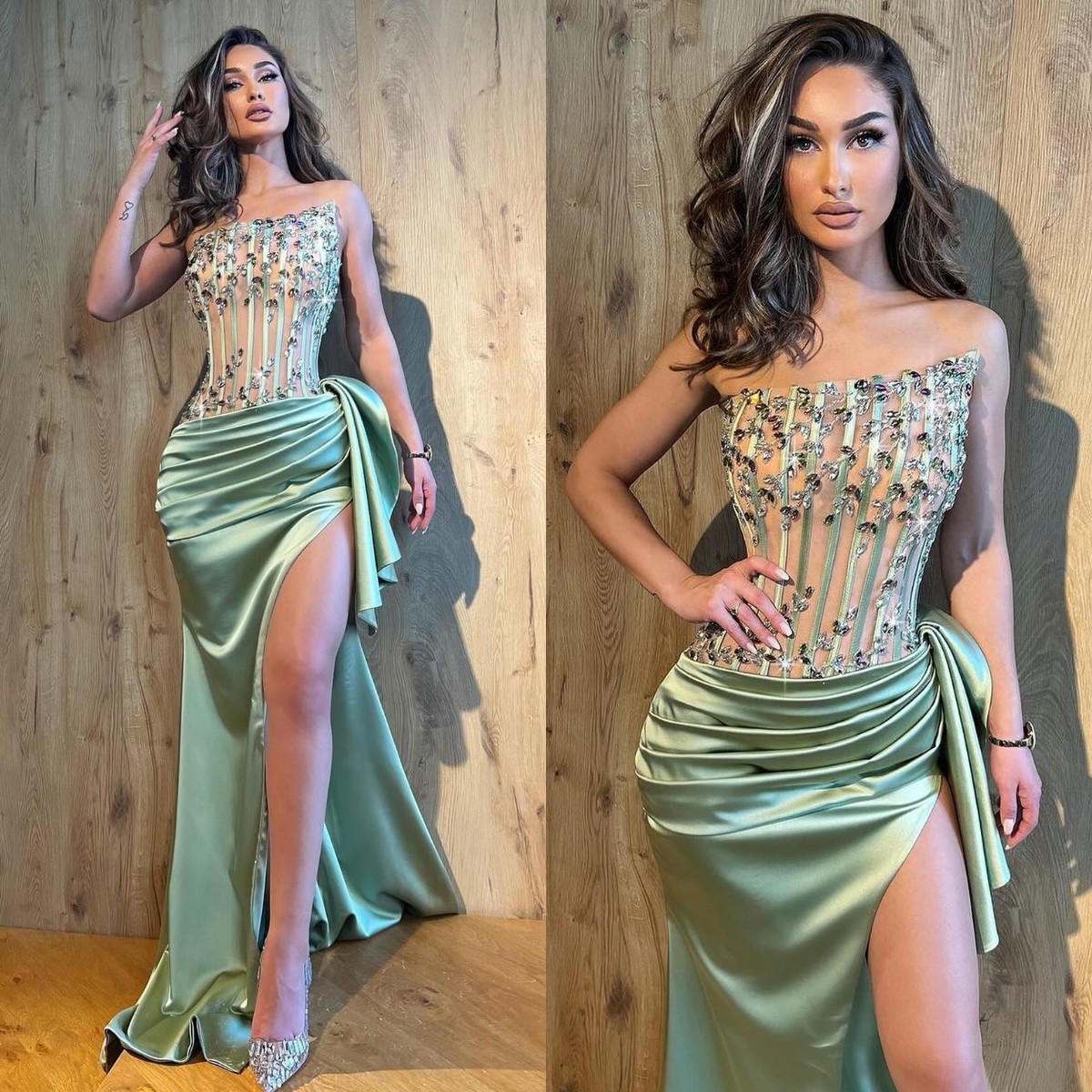 Sage Satin Prom Dress Crystal Illusion Strapless Evening Vestidos De Gala Split Pleats Formal Long Dresses For Special Ocns
