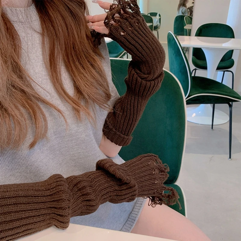 Y2k Haruku Ribbed ddmysmile Women Knitted Leg Warmer Solid Color Gothic Punk Tassels Frayed Hem Distressed Leg Covers Long Socks Smile