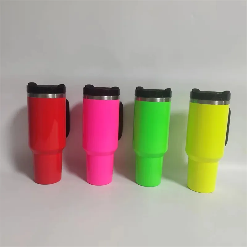 US Warehouse 40oz Reusable Tumbler Fluorescent Paint Tumblers with Handle and Straw Stainless Steel Insulated Travel Mug Tumbler DIY