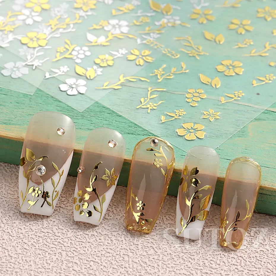 Flowers Nails Stickers Sakura Rose Gold White Cherry Blossom Foliage Gorgeous Florals Manicure 3D Nail Charming Ornament BTF-S29 smile