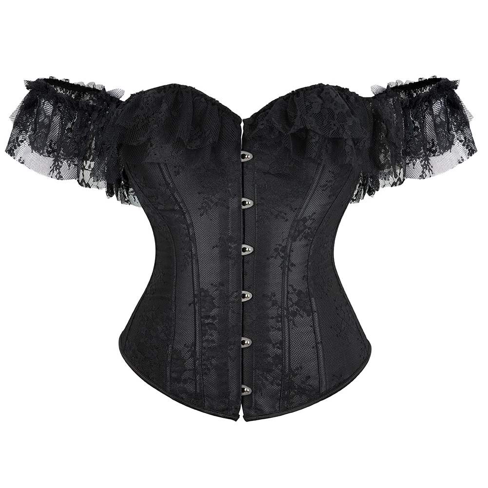 Corset for Women Tops Steampunk Gothic Off Shoulder Bustier Jacquard Overbust Corset Renaissance Corsets with Lace Short Sleeves smile
