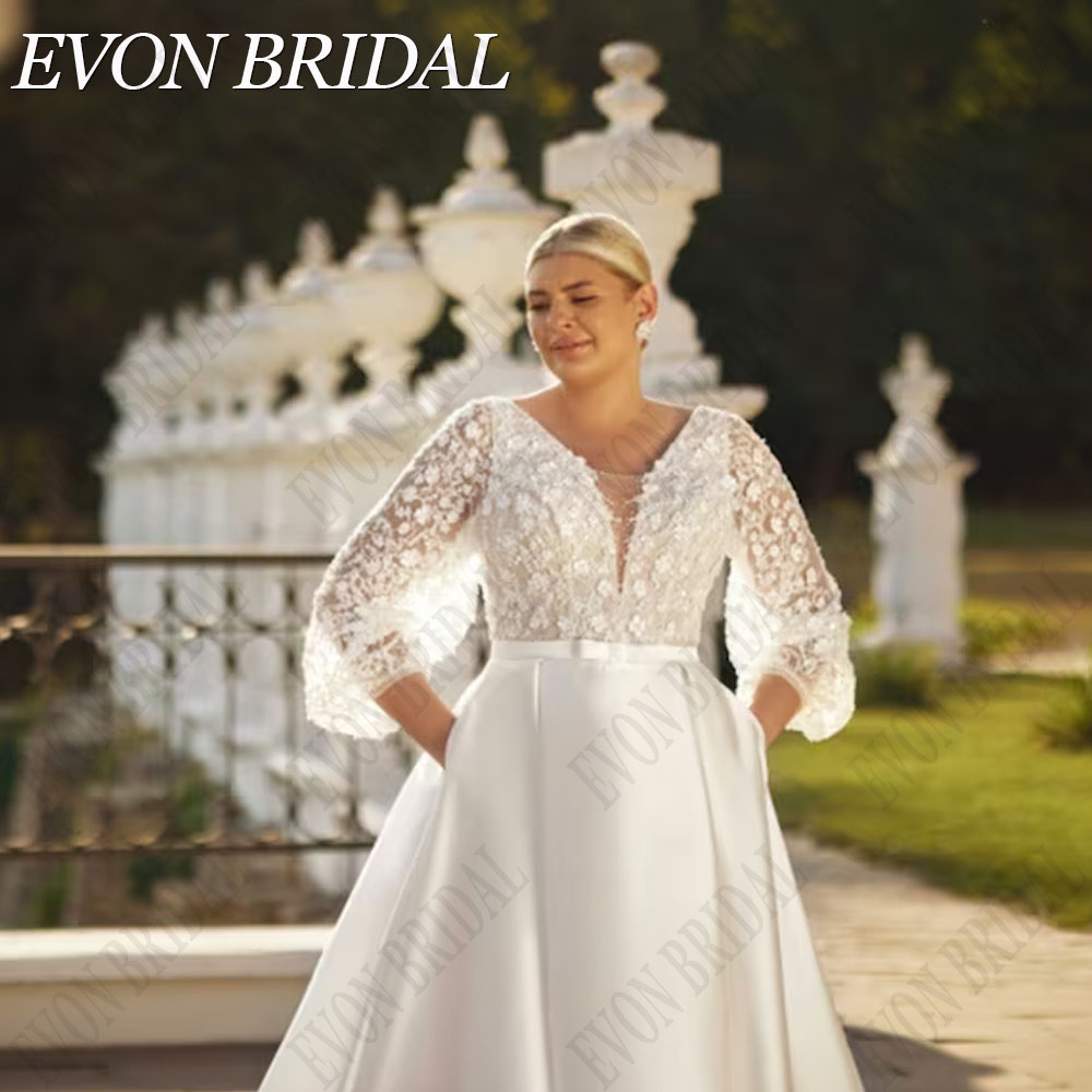 EVON BRIDAL V-Neck Plus Size Wedding 2025 new Dresses For Women Puff Sleeves Sequin Bride Gown With Pockets Classic Satin Bridal Dresses