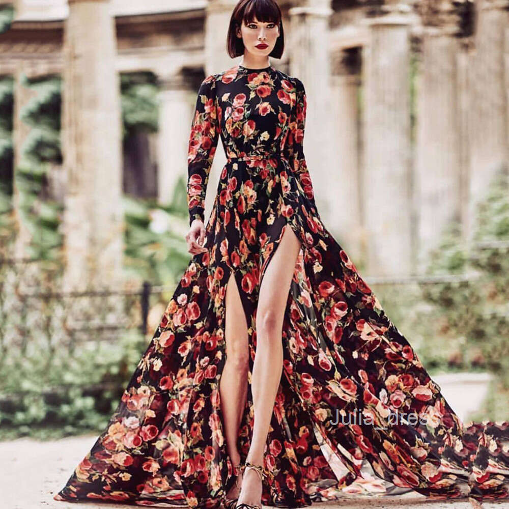 New Womens Printed Large Hem Dress With Slit Fashion Long Skirt Beach Skirt