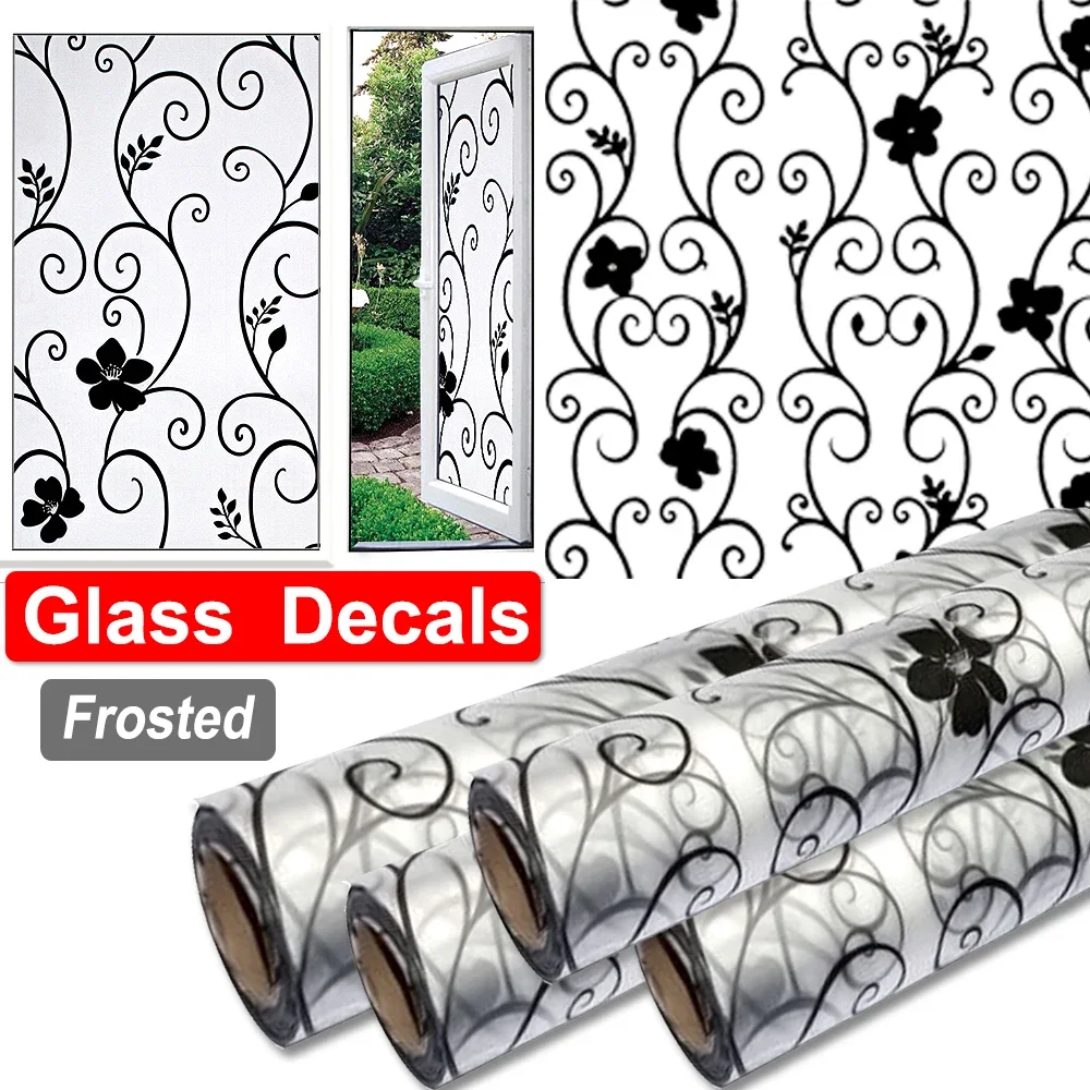 Window Glass Roll 1 Sticker Frosted Simple Black Flower Pattern Waterproof UV Protector Matte Window Paster Films Frosted Decal smile