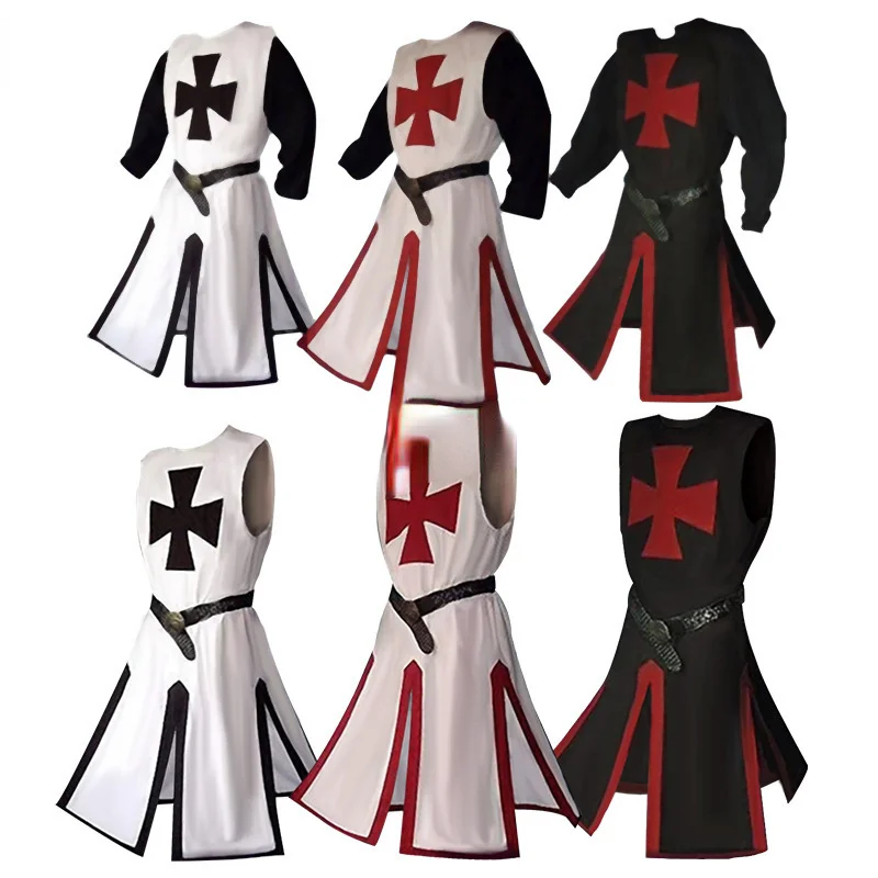 Medieval Men Plus Size Cosplay Robes Templar Knight Crusader Surcoat Long Sleeve Short Tops Reenactment Costume smile