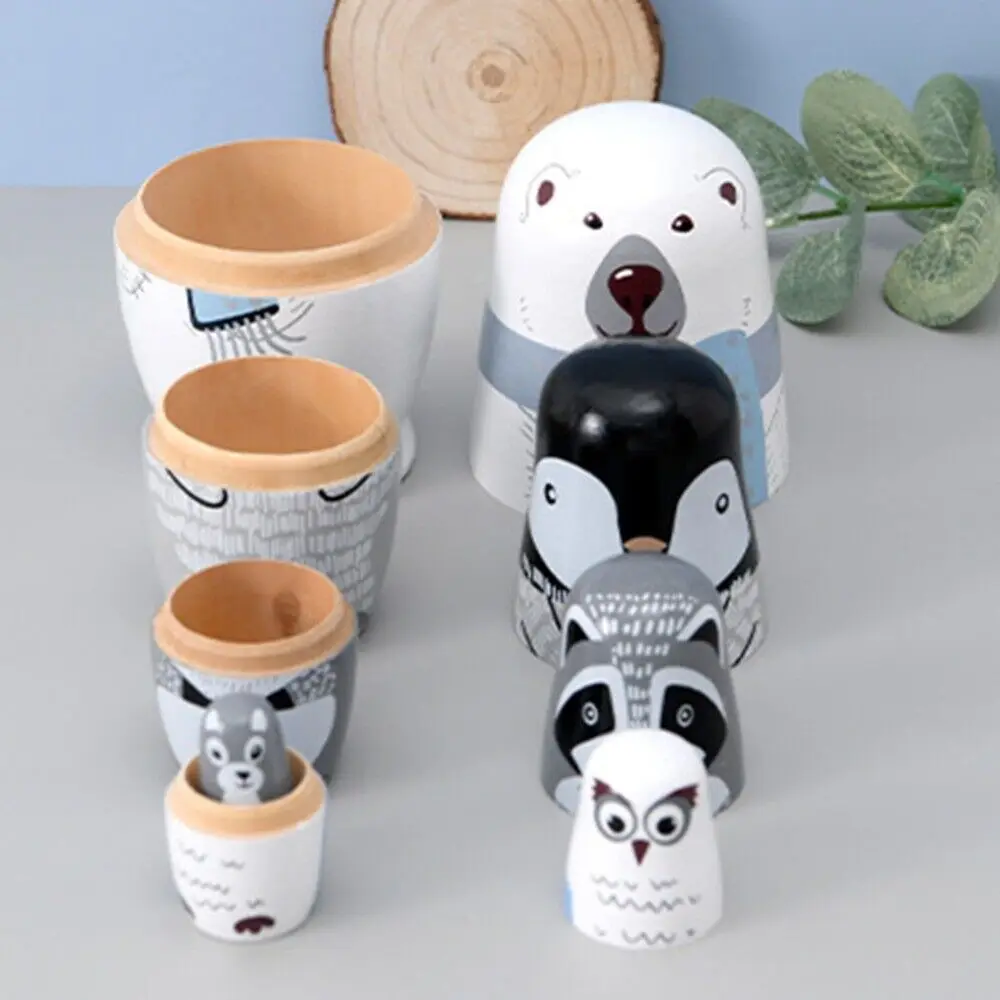 5pcs/set Matryoshka Doll Wood Stacking Dolls Children Toy Animal Patterns for Festival Birthday Gift Home Decoration