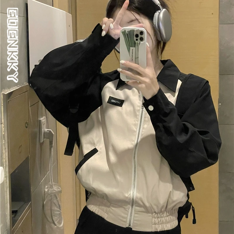 Cropped Jacket Women Korean Patchwork Casual College Track Jackets Female Streetwear Zipper Loose Sports Varsity Windbreaker New smile