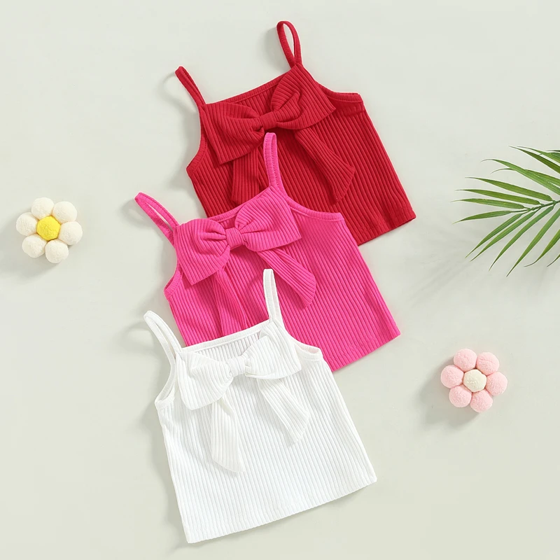 Girl Baby Cute Toddler Ribbed Bowknot Camisole Solid Color ddmysmile Casual Tanks Tops Vest Summer Casual Clothes Smile