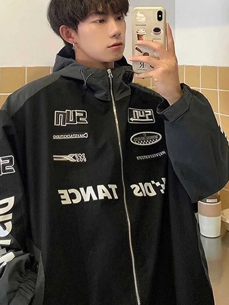 Street Autumn High Men Loose Letter Embroidery Baseball Bomber Outerwear Casual Coat Unisex Y2k Racer Hooded Jackets smile