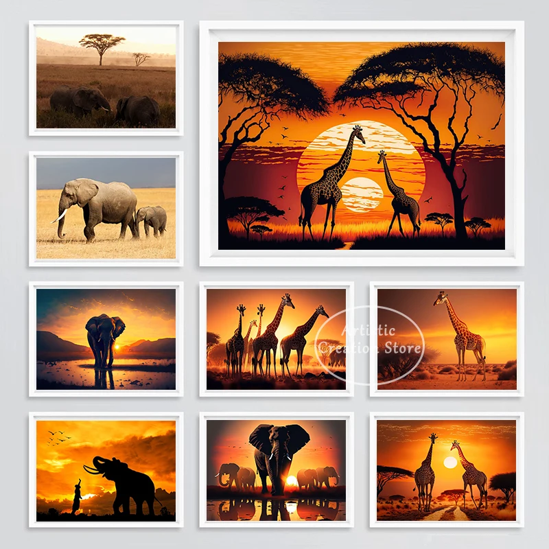 Scenery Kenya African Grassland Elephant Giraffe Animals Sunset Posters Canvas ddmysmile Prints Wall Art Pictures Living Room Home Decor Smile