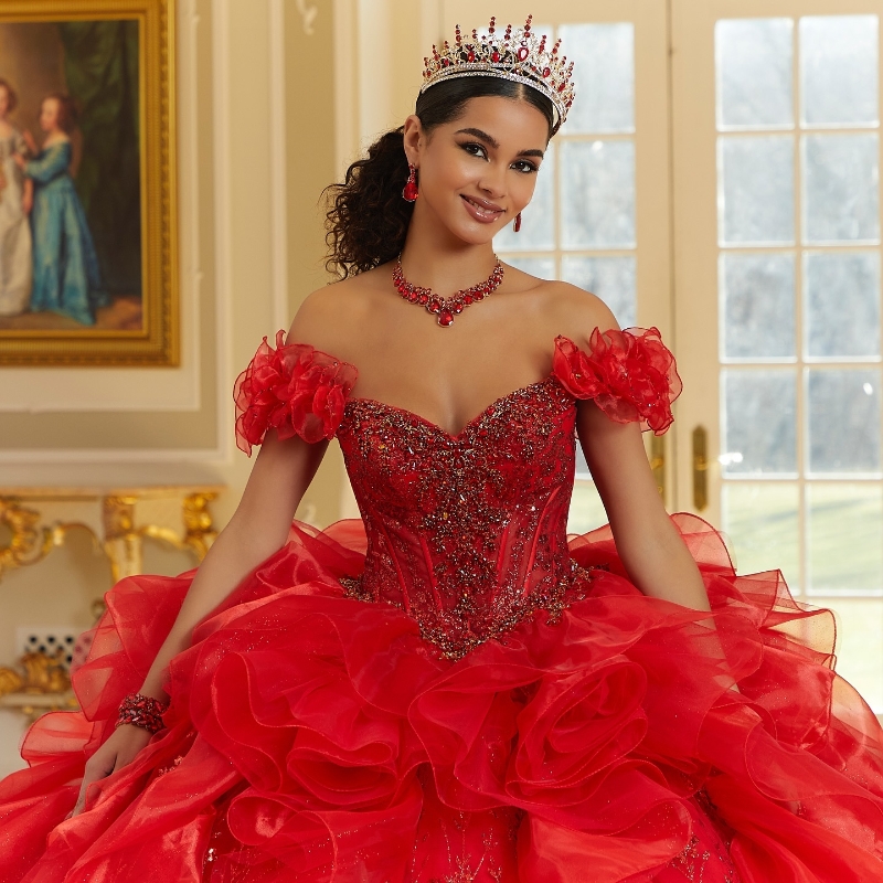 Red Quinceanera Dress Ball Gown Off The Shoulder Lace Appliques Beaded Tull Tiered Sweet 16 Dress Court Train Vestidos De 15 Anos
