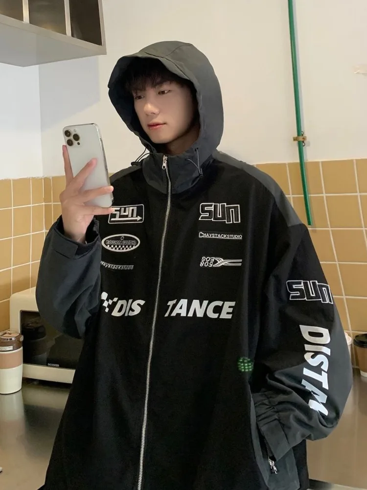 Street Autumn High Men Loose Letter Embroidery Baseball Bomber Outerwear Casual Coat Unisex Y2k Racer Hooded Jackets smile