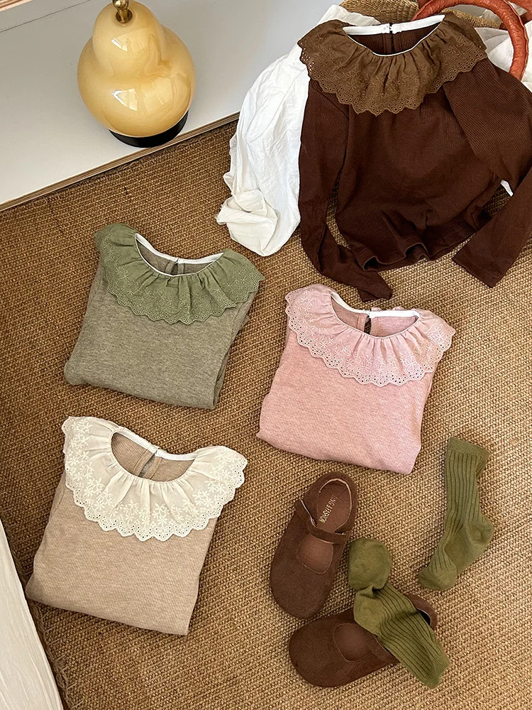Jonmi 2023 Autumn Deer New Korean Style Baby Girls Lace ddmysmile Collar T-Shirts Long Sleeve Sweet Tops Children Casual Tees Smile