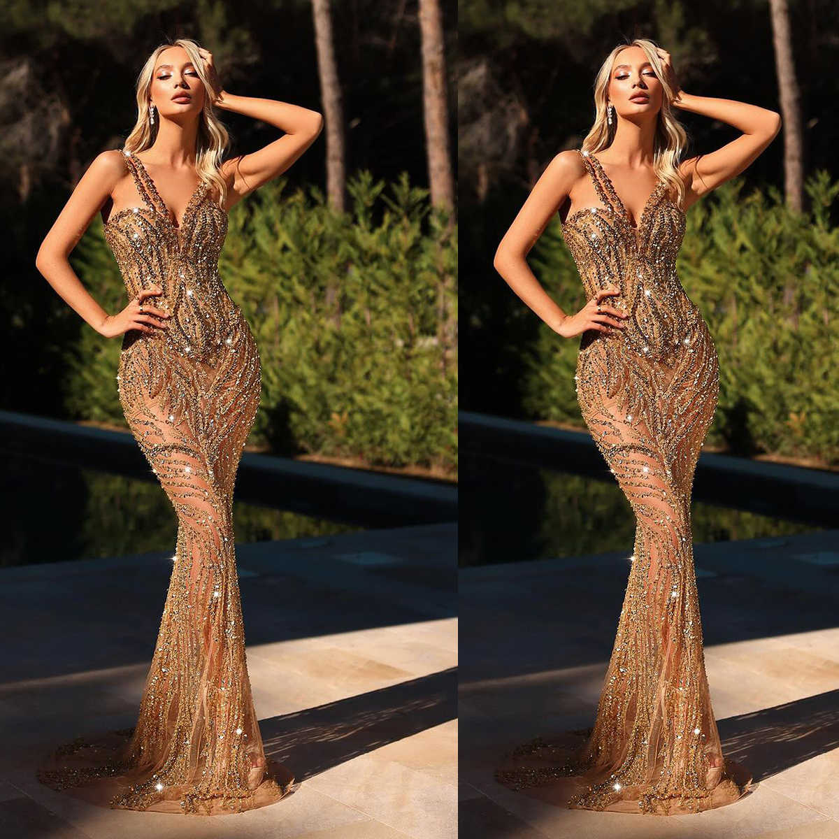 Evening See Through Mermaid Prom Gowns Crystal Custom Made Sequins Beading Sleeveless Sweep Train Party Dresses Vestidos De Noche