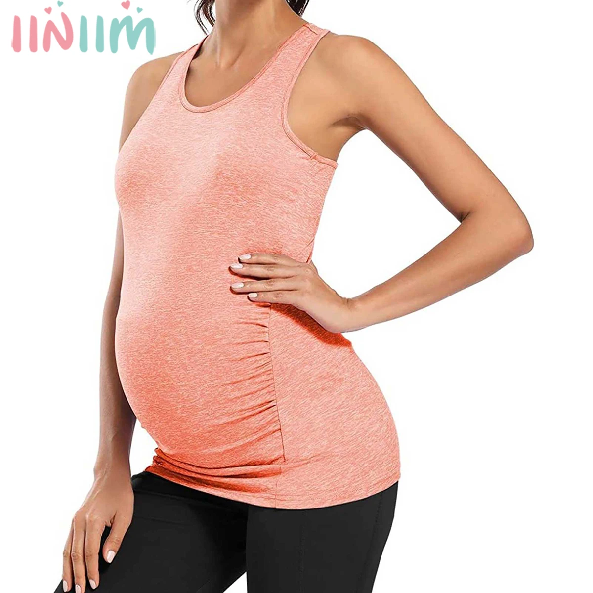 Size Plus Clothings Maternity Tops Womens Pregnant Workout Athletic Yoga Tank Top Pregnancy Racer Back Side Ruched Casual Tops smile