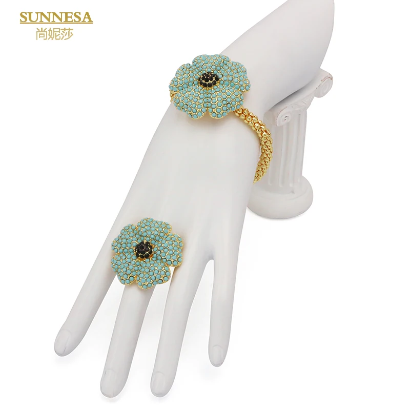 Rhinestone Dubai SUNNESA Jewelry Set for Women Green Flower Pendant Necklace African Clip Earrings Bracelet Rings Sets smile