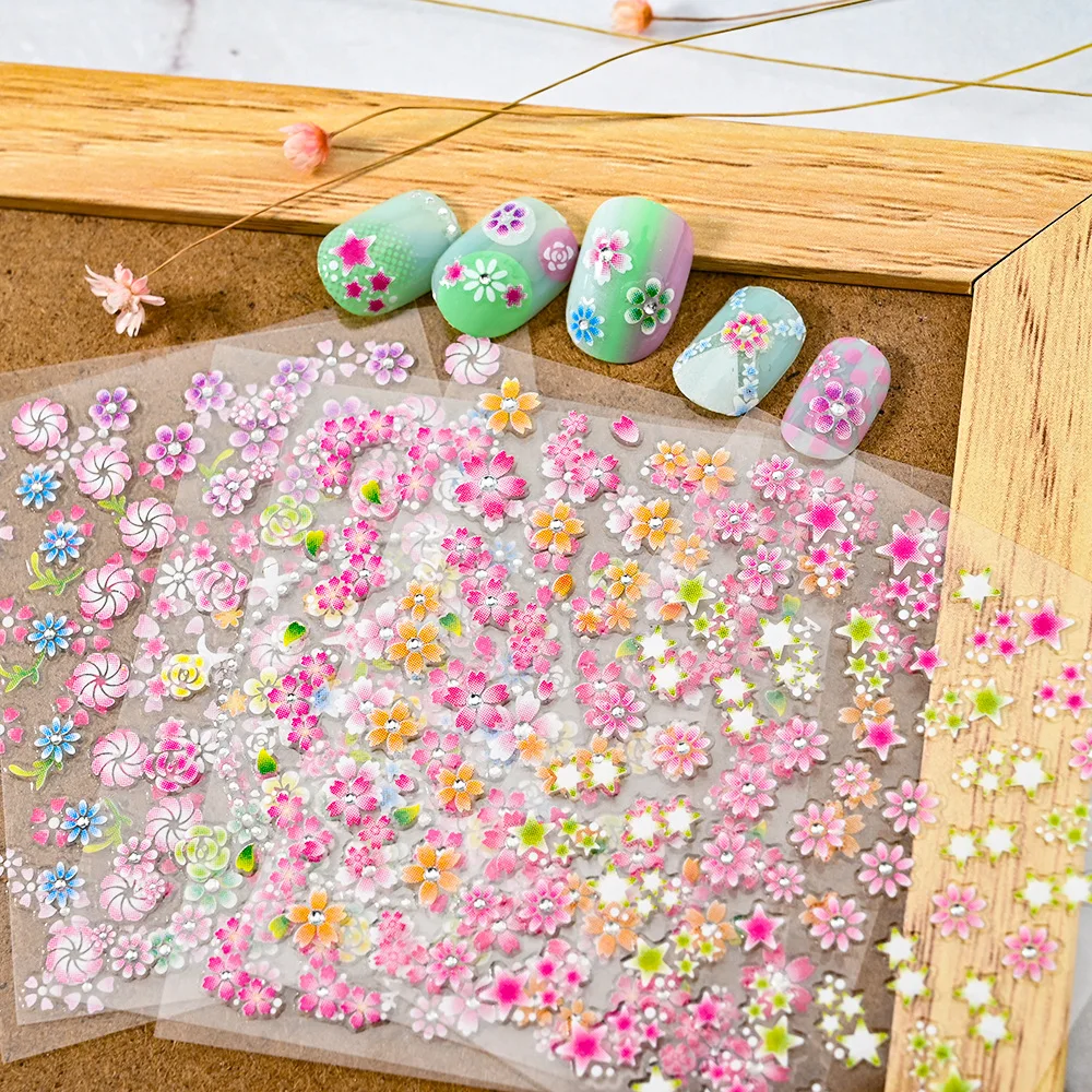 24 Pcs new Colorful Flower Nail Stickers Set Small Sakura Daisy Cute Flowers Decals 3D Self Adhesive 2025 Sliders Manicure Decoration